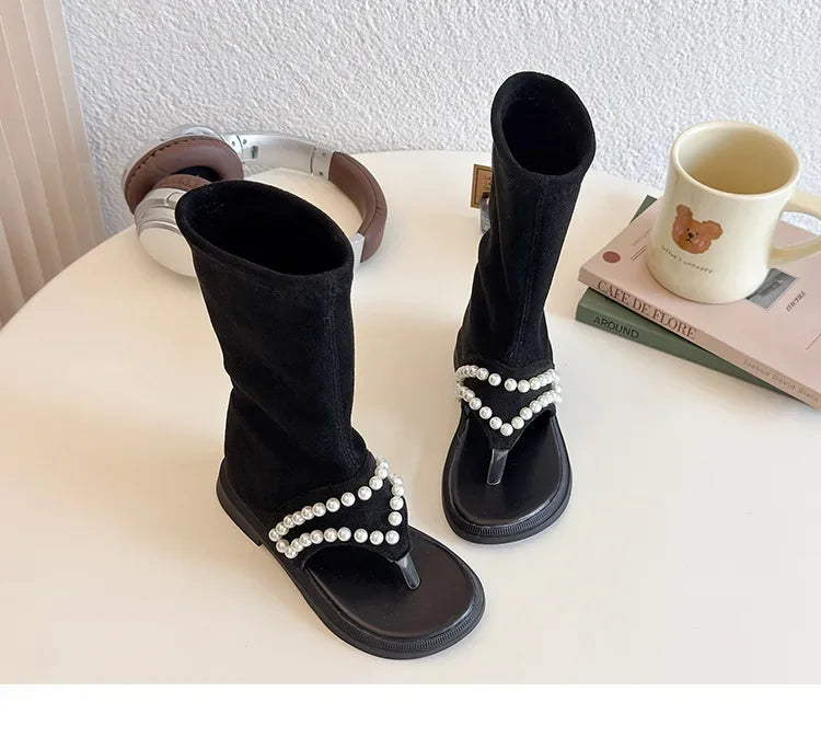 2025 Children High-top Sandals for Girls Summer New Fashion Korean Style Soft Sole Non-slip Versatile Pearl Roman Princess Shoes