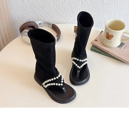 2025 Children High-top Sandals for Girls Summer New Fashion Korean Style Soft Sole Non-slip Versatile Pearl Roman Princess Shoes
