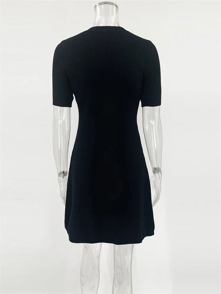 Elegant Knit Mini Dress Women Street Slim High Waist Short Sleeve Rib Sweater Dresses Vacation Bodycon Knitwear Dress