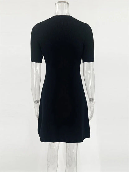 Elegant Knit Mini Dress Women Street Slim High Waist Short Sleeve Rib Sweater Dresses Vacation Bodycon Knitwear Dress