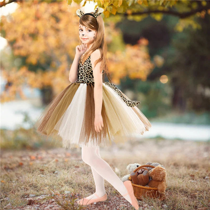 Cute Leopard Tiger Cat Giraffe Tutu Dress For Girls Halloween Animal Cosplay Costume Outfit Kids Christmas Carnival Party Dress