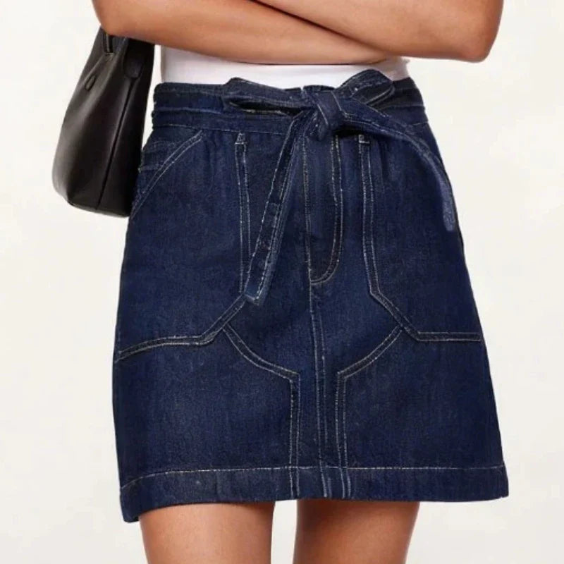 Women's Spring Summer Vintage Denim Mini Skirt Non-Stretch High Waist Belted Casual Streetwear Korean Y2K Fashion A-Line Skirt