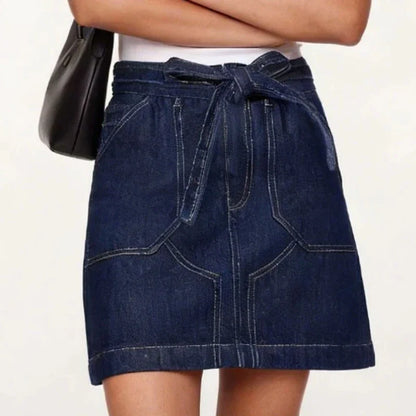 Women's Spring Summer Vintage Denim Mini Skirt Non-Stretch High Waist Belted Casual Streetwear Korean Y2K Fashion A-Line Skirt