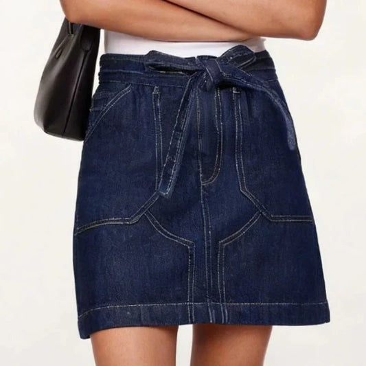 Women's Spring Summer Vintage Denim Mini Skirt Non-Stretch High Waist Belted Casual Streetwear Korean Y2K Fashion A-Line Skirt
