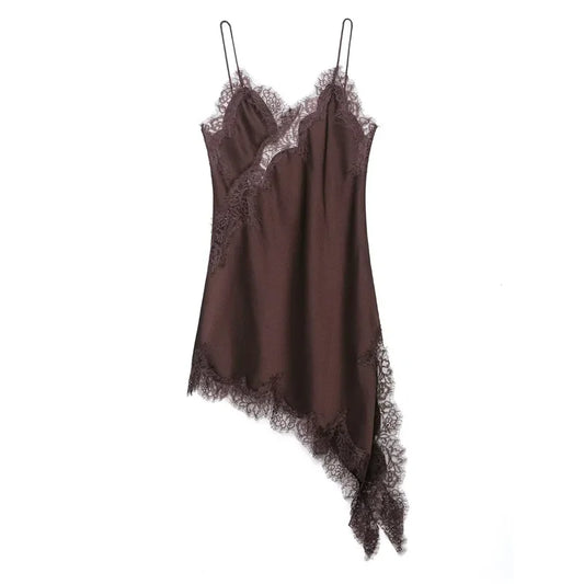 Soft Womens Satin Lace Trim Asymmetrical Top Y2k Irregular Hem Tanks Vest Top V Neck Coquette Going Out Camis Tops Streetwear
