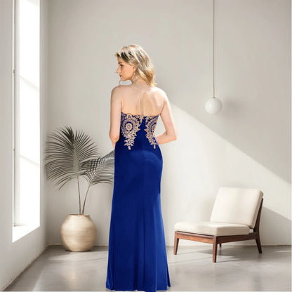 Burgundy Evening Dress Illusion O-Neck Sequins Appliques Sleeveless Mermaid Prom Dress Slim Empire Party Trumpet Gown
