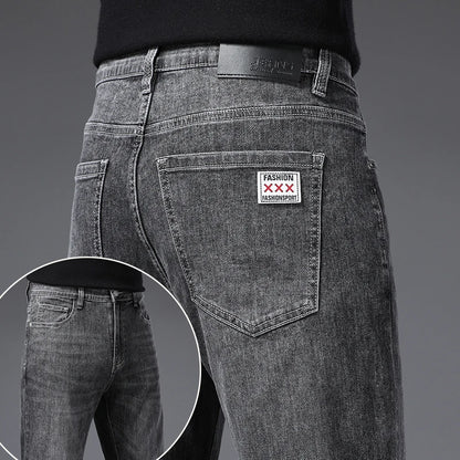 Men's Soft Stretch Straight Jeans Business Casual Slim Fit Wash Denim Pants Korean Fashion Blue Gray Male Brand Trousers