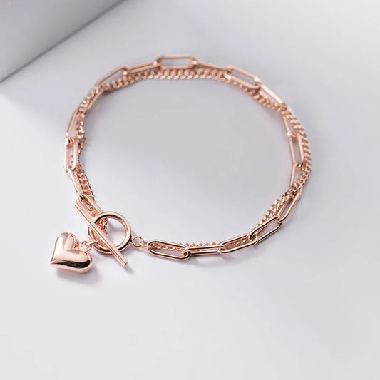 100% 925 Sterling Silver Sweet Hearts Chain Link Two Layer Classic Basis Bracelet Bangle for Women Fashion Fine Jewelry