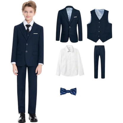 Notched Boy's Suit Set for Kids 3-14 Yrs, One Button Black Suit Jacket Vest Pants and T Shirt, Communion Tuxedo 4-Piece Suits