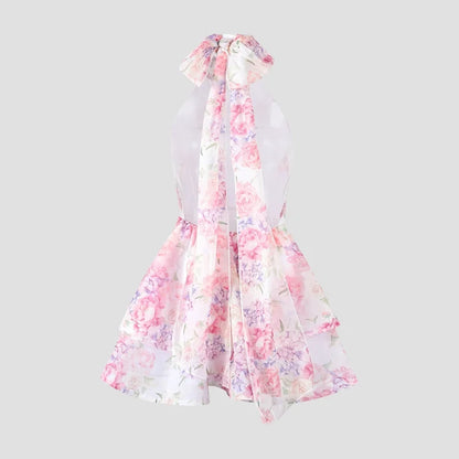 Chic Floral Printed Mini Dress Backless Sleeveless Hem Stacking Dresses Sweet A Line Vestidos 2025 New Lady Party Club Clothing