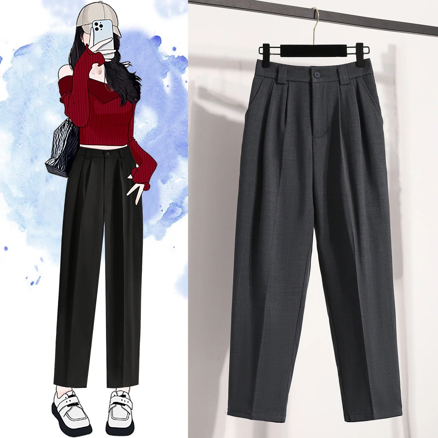 High Waist Suit Pants Women Gray Or Black Casual Trousers