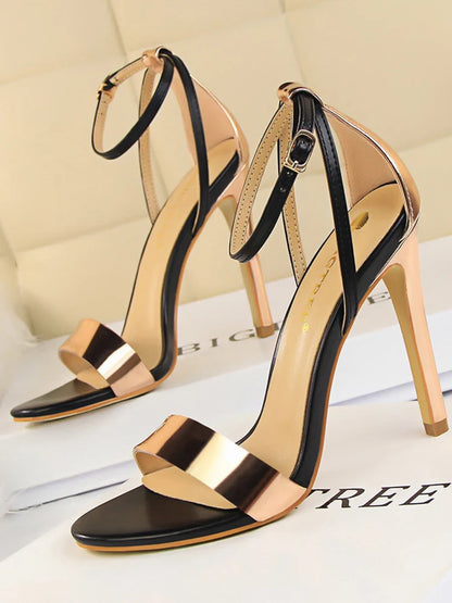Women Black-White Concise Leather 11cm High Heels Sandals Lady Adjustable Ankle Buckle Shoes Female Fashion Party Dress Shoes