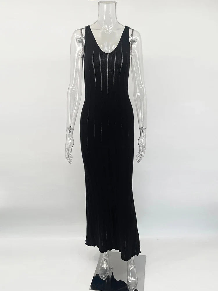 Backless Dress For Women V Neck Slim Sleeveless Suspender Maxi Dress Vacation Sexy Beach Knitted Elegant Long Dress