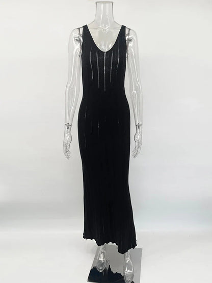 Backless Dress For Women V Neck Slim Sleeveless Suspender Maxi Dress Vacation Sexy Beach Knitted Elegant Long Dress