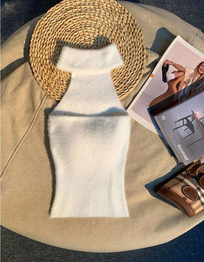Spice Girl Hair Halter Neck Camisole Female Imitation Mink Inside Tank Top  Autumn and Winter Design Sense Knitted Bandeau Top