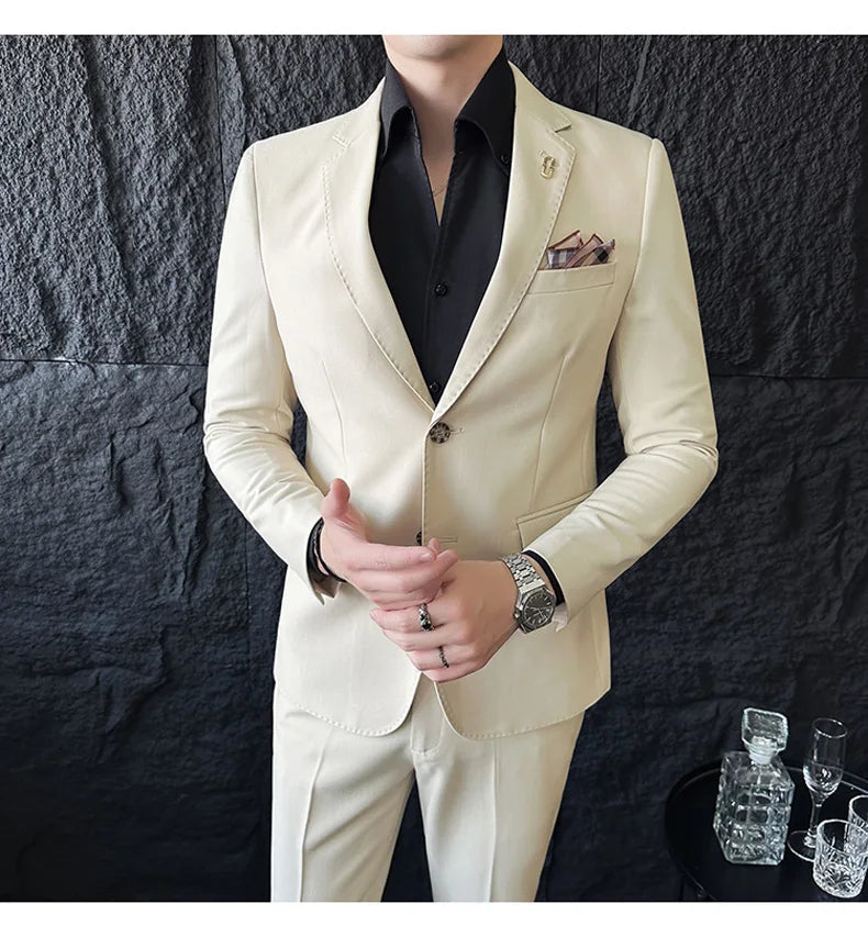 Men's Korean Style Slim Fit Suit Set, High Quality Fabric Solid Color Edge Pressing for Wedding Business