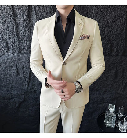 Men's Korean Style Slim Fit Suit Set, High Quality Fabric Solid Color Edge Pressing for Wedding Business