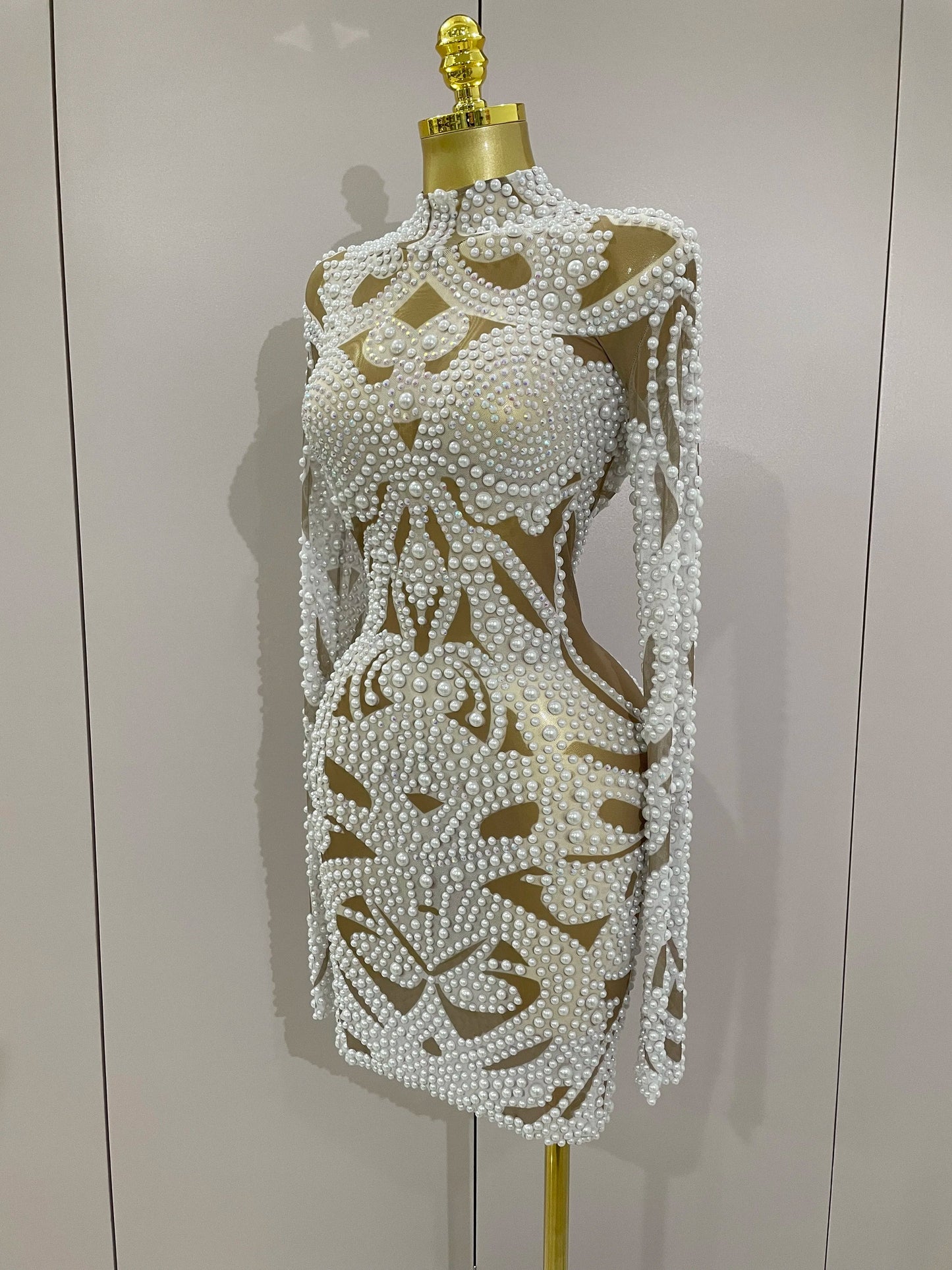2025 New High-end Elegant Evening Gown AB Rhinestones Pearls Luxury Long Sleeves Mesh Dress Women Cocktail party Wedding Costume