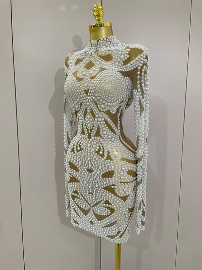 2025 New High-end Elegant Evening Gown AB Rhinestones Pearls Luxury Long Sleeves Mesh Dress Women Cocktail party Wedding Costume