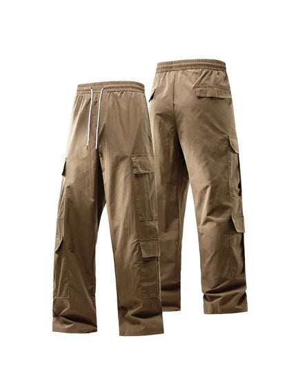 Men's Spring and Autumn Multi-Pocket Cargo Pants with Elastic Waistband and Drawstring Adjustment, Solid Color Multi-Pocket Long Pants Suitable for Outdoor Sports and Leisure
