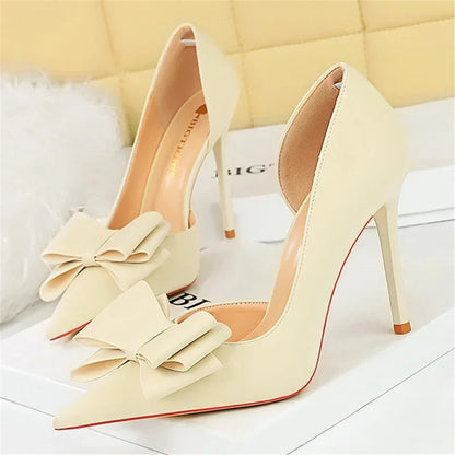 2024 Women 10.5cm High Heels Sweet Korean Side Hollow Pumps Lady Party Purple Green Kawaii Bowknot Heels Prom Silk Satin Shoes