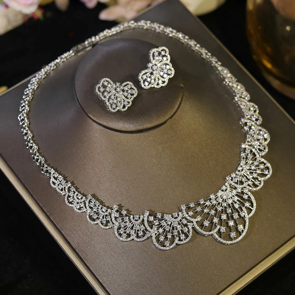 Graceful 2Pcs White CZ Zircon Necklace Set Brides High Quality Fine Jewelry Women  Wedding Engagement Accessory