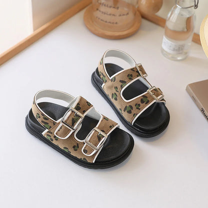 Kids Leopard Camo Double Buckle Roman Sandals, Thick Non-Slip Soft Elastic Rubber Sole Lightweight Children's Shoes,