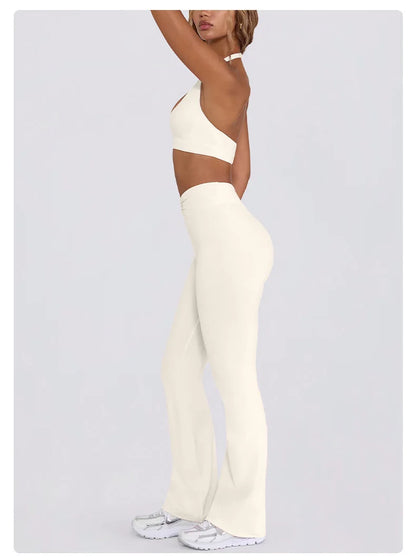 Women's Yoga Suits Camisole Backless Nude Beautiful Back Neck Hanging Bra Flared Pants Fitness Set