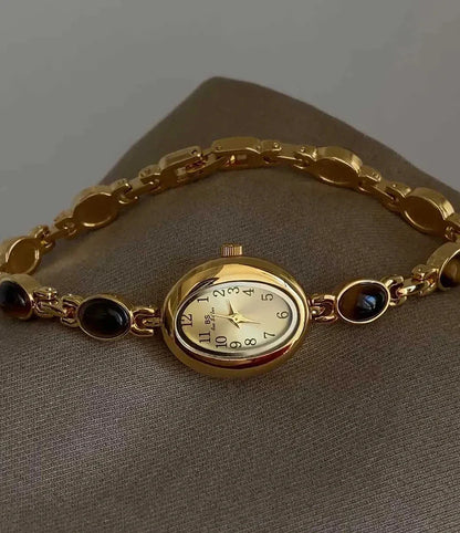 Luxury Vintage Quartz Women's Watches Fashion Natural Green Jade Bracelet Clock Numerals Small Oval Dial Watch Woman Accesories