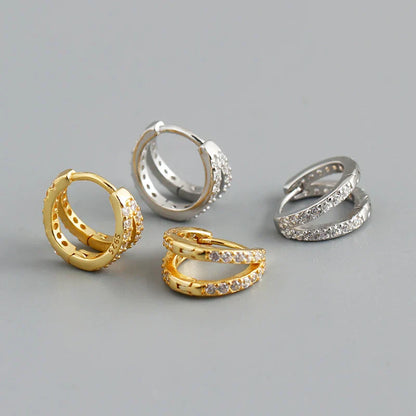 925 Sterling Silver Fashion Luxury Shiny Double Layer Zircon Huggies Hoop Earrings for Women Plated 18k Gold Fine Jewelry