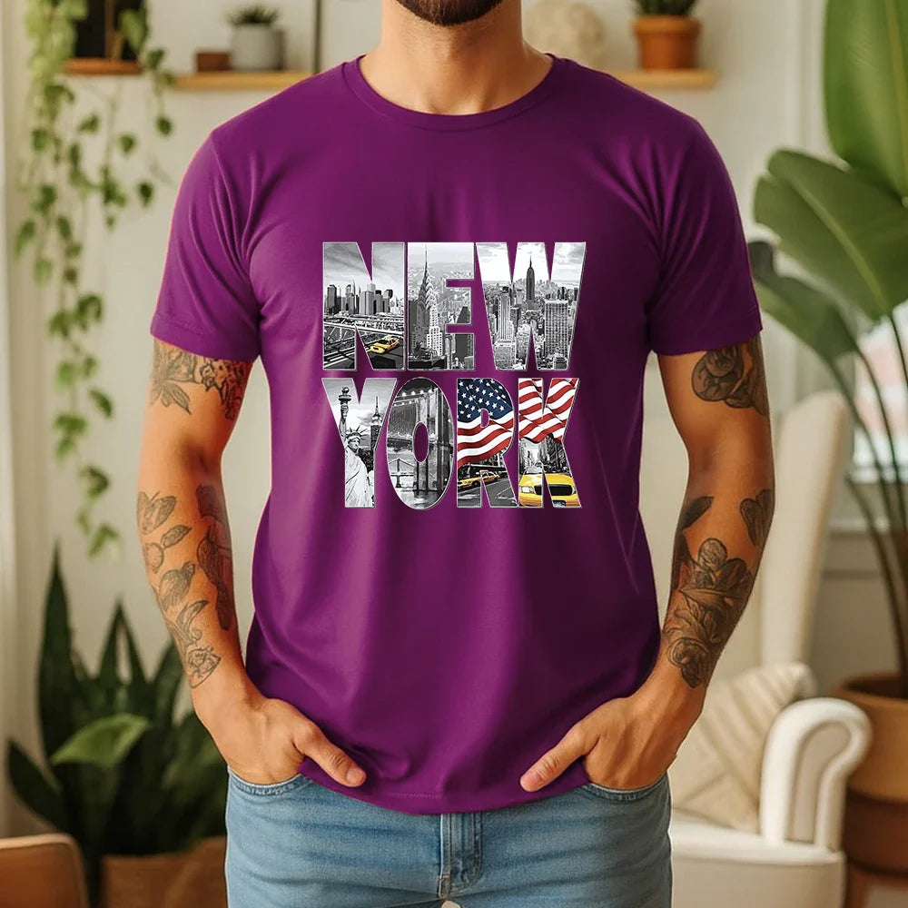New Summer 100% Cotton T-Shirt New York City Landmark Letter Retro American Street Style Oversized Breathable Short Sleeve