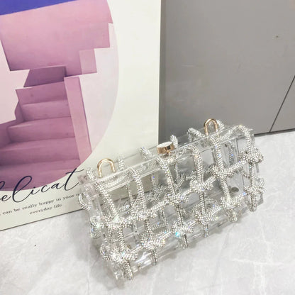 Bolsa de Noite com Alça e Strass Prateada de Cristal Feita à Mão para Mulheres, Bolsas e Bolsas de Mão de Designer de Luxo para Banquete