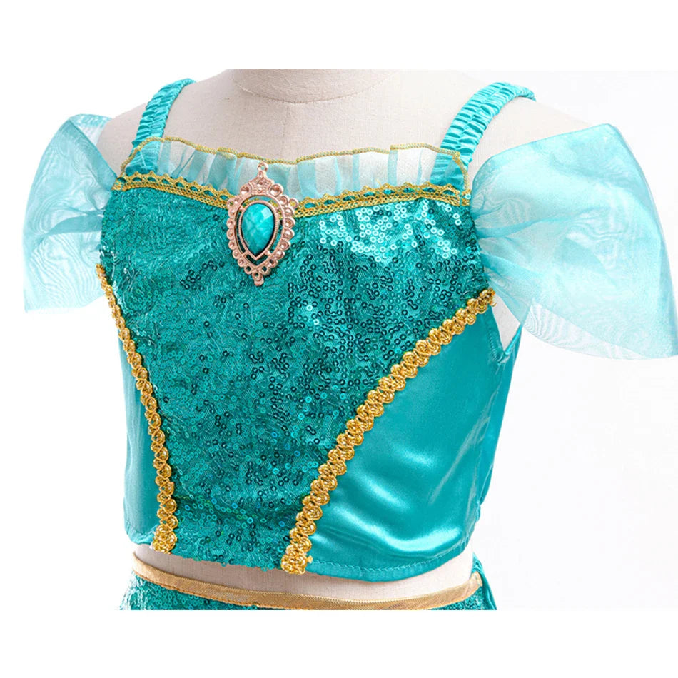 Aladdin Princess Girl Dress Jasmine Two-piece Set Kids Film Role Play Costume Halloween Party Clothes Children Birthday Gift