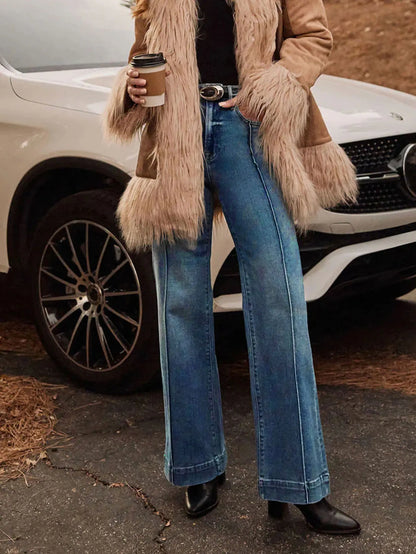 Autumn new women's dark blue high waist straight jeans slim fit wide leg version stretch denim fabric elegant intellectual jeans