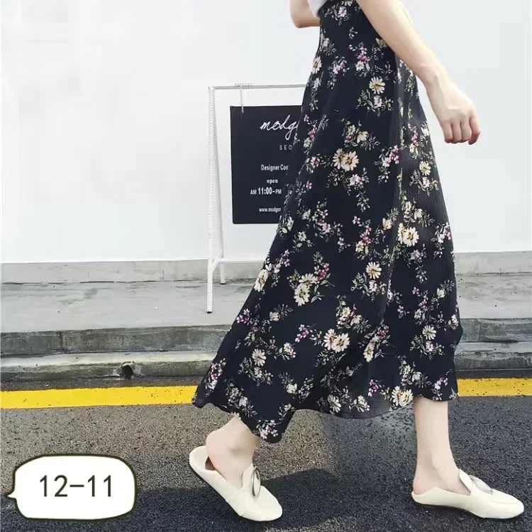 Summer Yellow/Pink Floral A-line Maxi Long Chiffon Skirts Daisy Patchwork Bright Flowers Beach Casual Maxi Long Chiffon Skirts