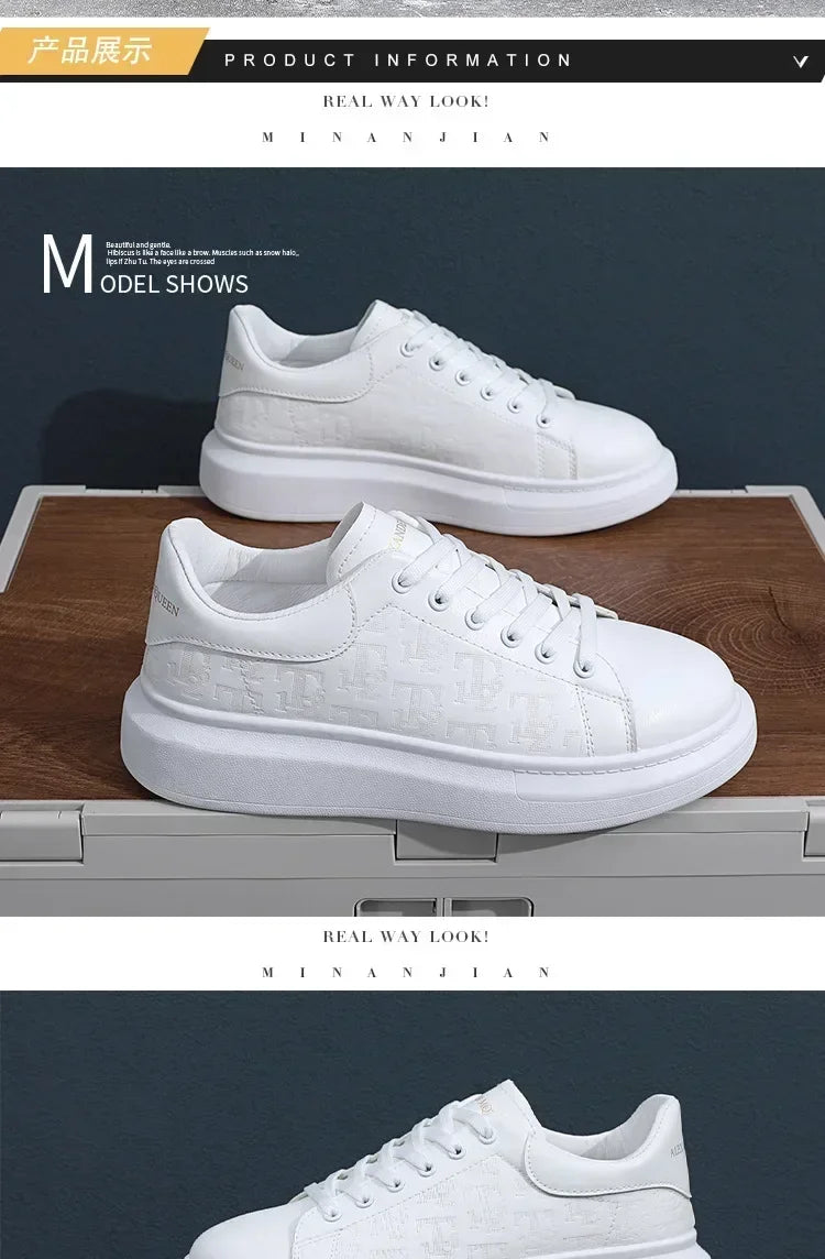 2025 New Men's Shoes Spring and Autumn Flat-soled Casual Leather Shoes Sports Shoes Black and White Men's Thick-soled Breathable