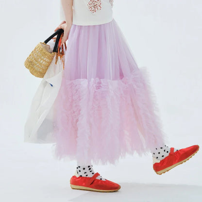 Women's Light Purple Tulle Midi Skirt with Ruffled Hem Elastic Waist Casual Fairy Style Summer  Flowy A-Line Skir 255106