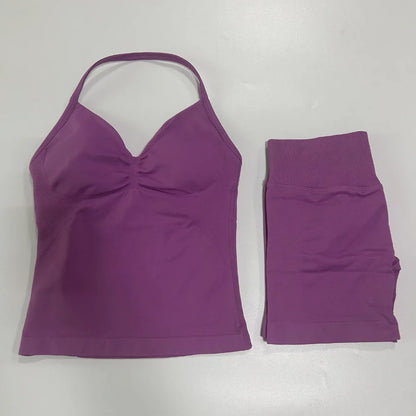 No Logo 2 Pieces Sports Set Workout Clothes Shorts Sets Gym Strappy Top Scrunch Shorts Yoga Clothing Gym Set