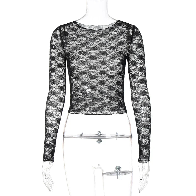 Long Sleeves See Through Lace Crop Top Solid Sexy Bodycon T-Shirt For Women Party Club Spring Summer Clothes