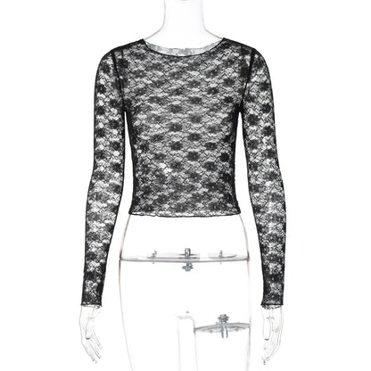 Long Sleeves See Through Lace Crop Top Solid Sexy Bodycon T-Shirt For Women Party Club Spring Summer Clothes