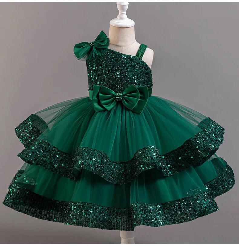 Girl's New Sequined Bow Irregular Collar Mesh Princess Dress Christmas Birthday Party Sweet and Cute Evening Dress