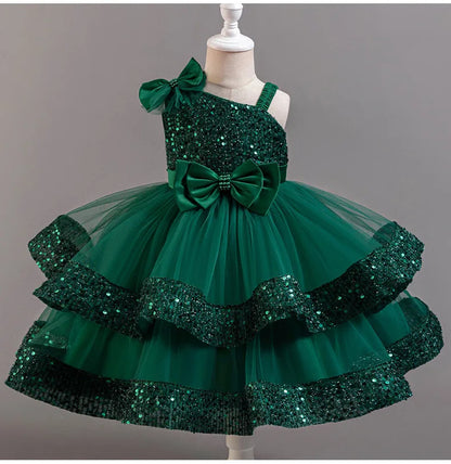 Girl's New Sequined Bow Irregular Collar Mesh Princess Dress Christmas Birthday Party Sweet and Cute Evening Dress