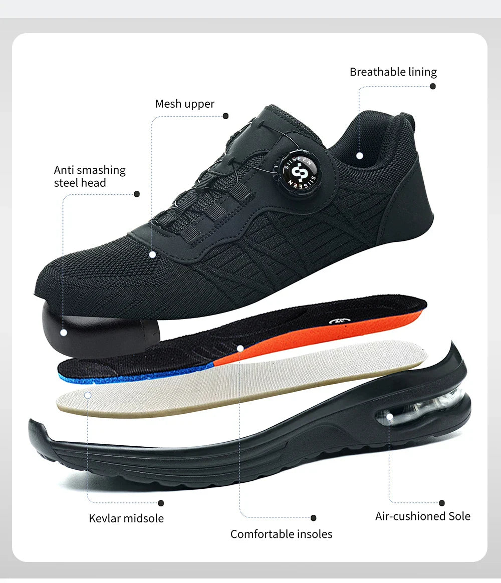 Men's Safety Shoes Steel Toe Anti- Crush Puncture Resistant Kevlar Pure Black Button Air Cushion Lightweight Work Shoes