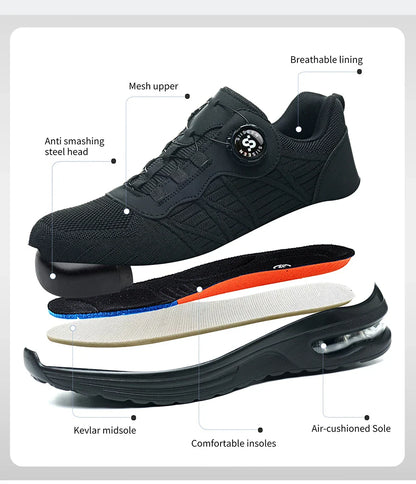 Men's Safety Shoes Steel Toe Anti- Crush Puncture Resistant Kevlar Pure Black Button Air Cushion Lightweight Work Shoes