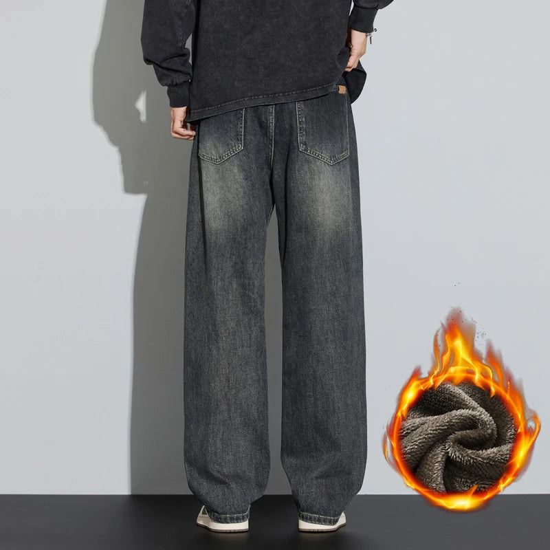 Korean Wide Legs Fleece Jeans Men's Winter Warm Thickened Velvet Loose Straight Casual Denim Pants Korean Fashion Trousers