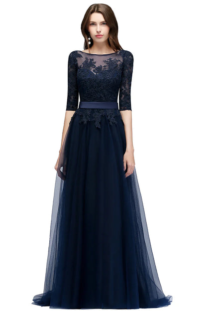Vestidos de Renda Decote Redondo Noite Elegantes Meia Manga Aplicações Tule Festa Formal Longo Sem Costas Com Cinto Robe De