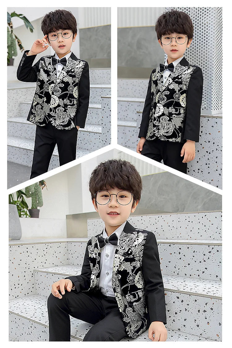 Children Formal Dress Kids Flower Jacket Pants Bowtie 3PCS  Piano Costume Boys Bronzing Show Host Handsome Photography Suit