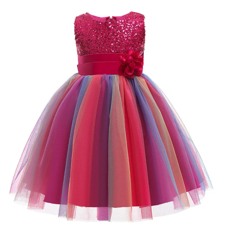 Vestido de princesa flor de lantejoulas para meninas 3-12 anos vestido de laço elegante colorido de renda de malha carnaval festa de aniversário apresentação