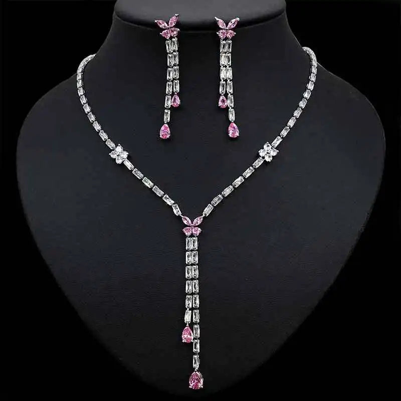 Diamond-encrusted waterdrop necklace and earring set, light luxury high-end clavicle chain, niche and versatile jewelry