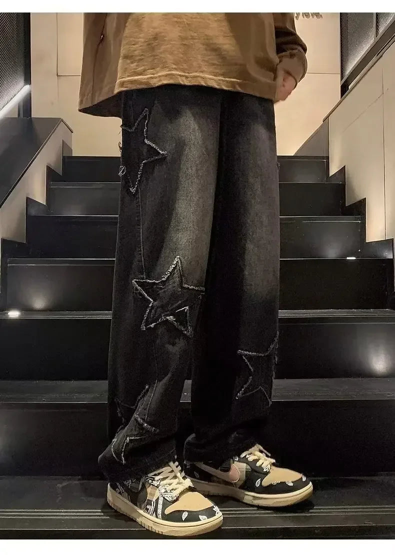 Star Embroidered Straight Casual Men's Jeans Y2K Gothic Unisex New Wide-leg Loose, Comfortable Fashionable Youth Street Jeans